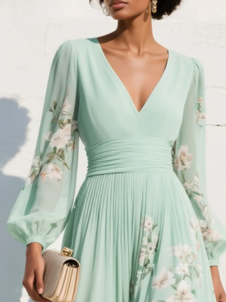 ROBE MIDI PLISSÉE EN MOUSSELINE VERT CLAIR À COL EN V ET IMPRIMÉ FLORAL