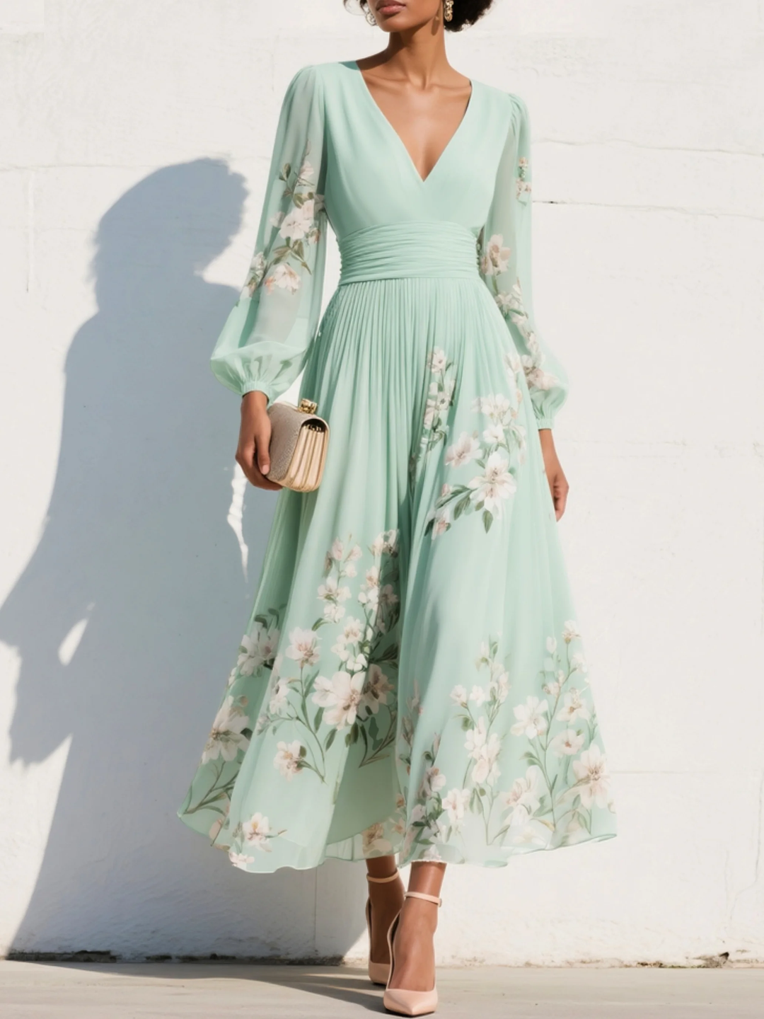 ROBE MIDI PLISSÉE EN MOUSSELINE VERT CLAIR À COL EN V ET IMPRIMÉ FLORAL