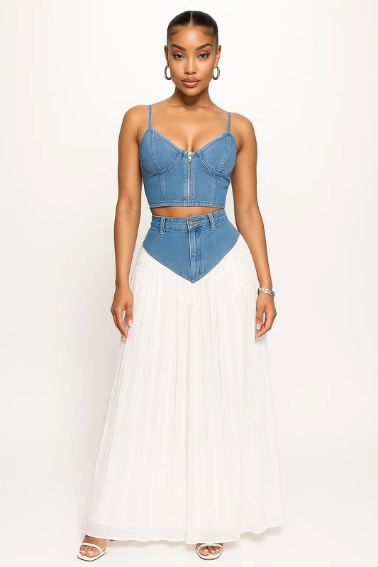 Romia - Ensemble bustier en denim et pantalon plissé en chiffon