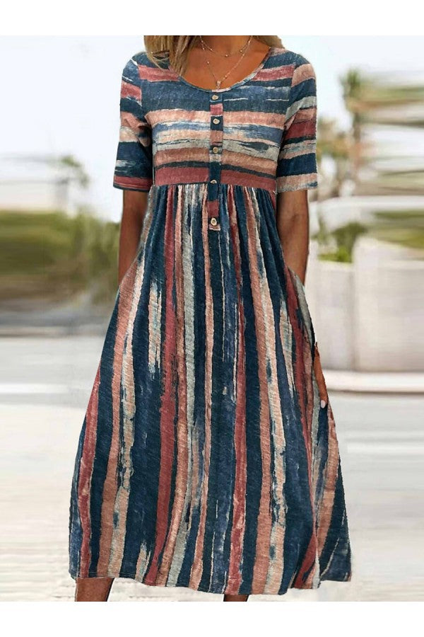 HOLLY | ROBE MIDI ÉLÉGANTE À RAYURES COUVRANT LE VENTRE