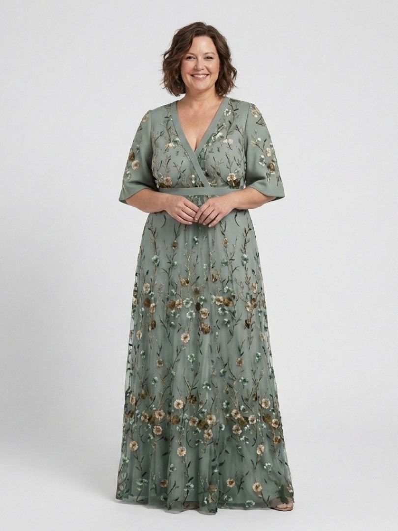 Évasion Robe longue à manches courtes et col en V fleuri