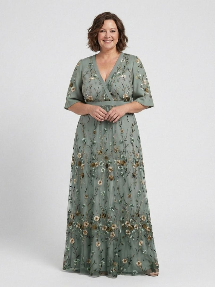 Évasion Robe longue à manches courtes et col en V fleuri