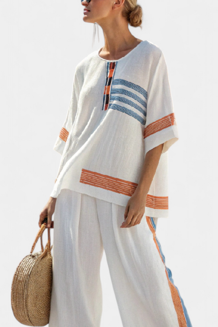 Marcellin | Ensemble Haut et Pantalon Rayé Bleu-Orange Sophistiqué