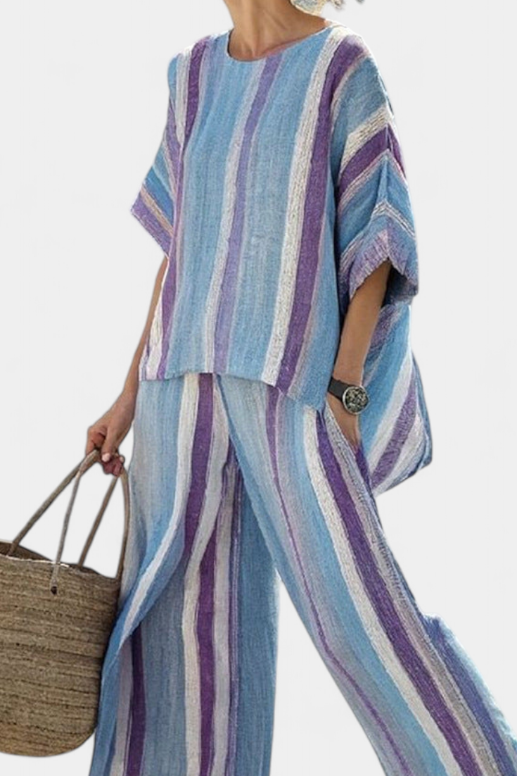 Faelith | Élégante Haut Pastel Mauve et Pantalons Rayés en Lin