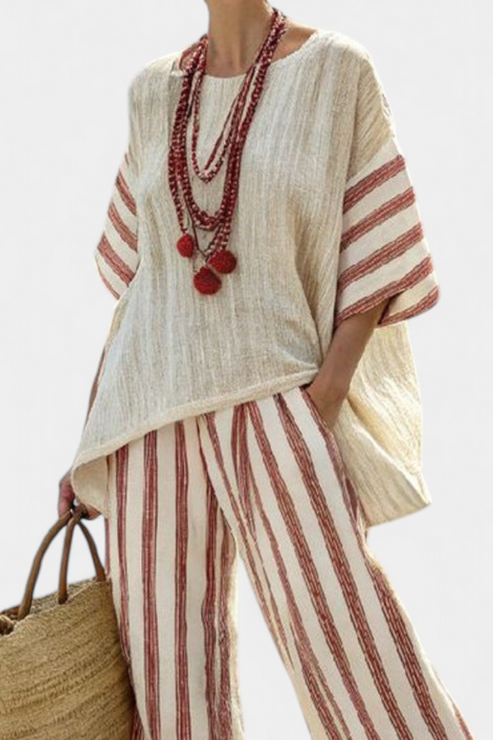 Braelith | Élégant Haut Rayé Rustique et Pantalon en Lin Crème