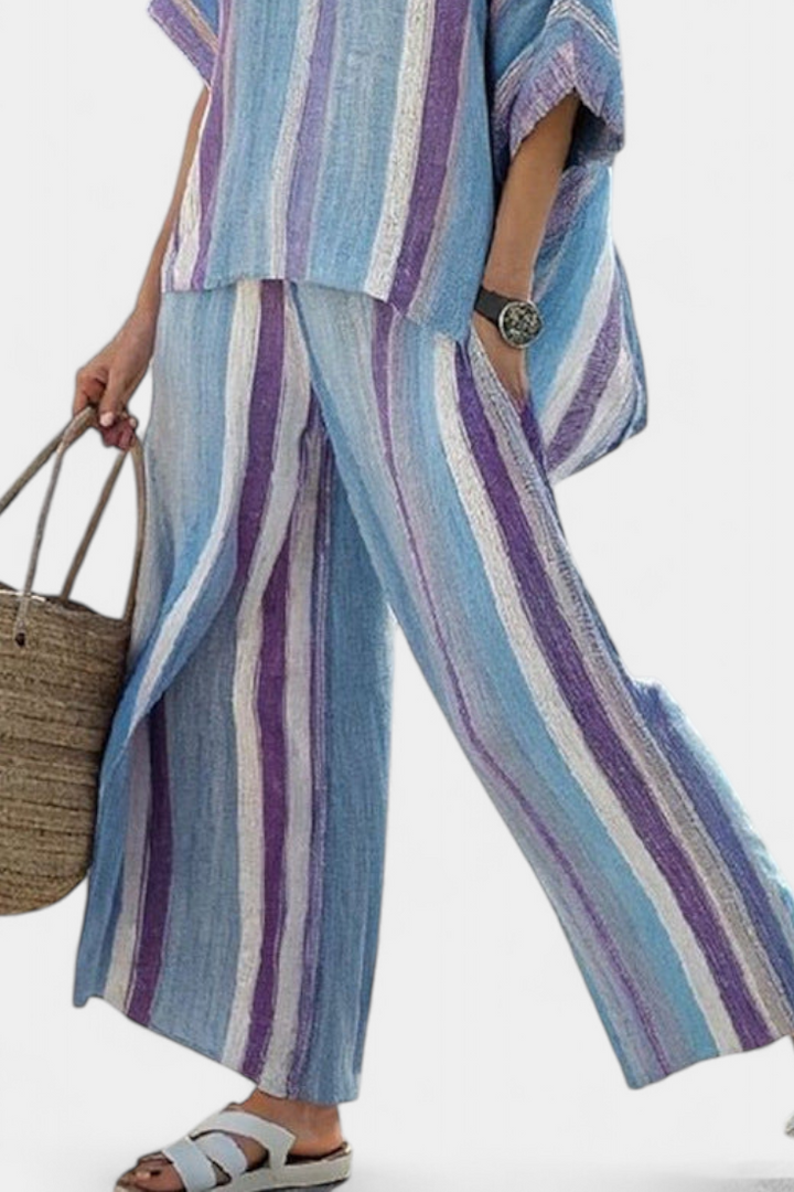 Faelith | Élégante Haut Pastel Mauve et Pantalons Rayés en Lin