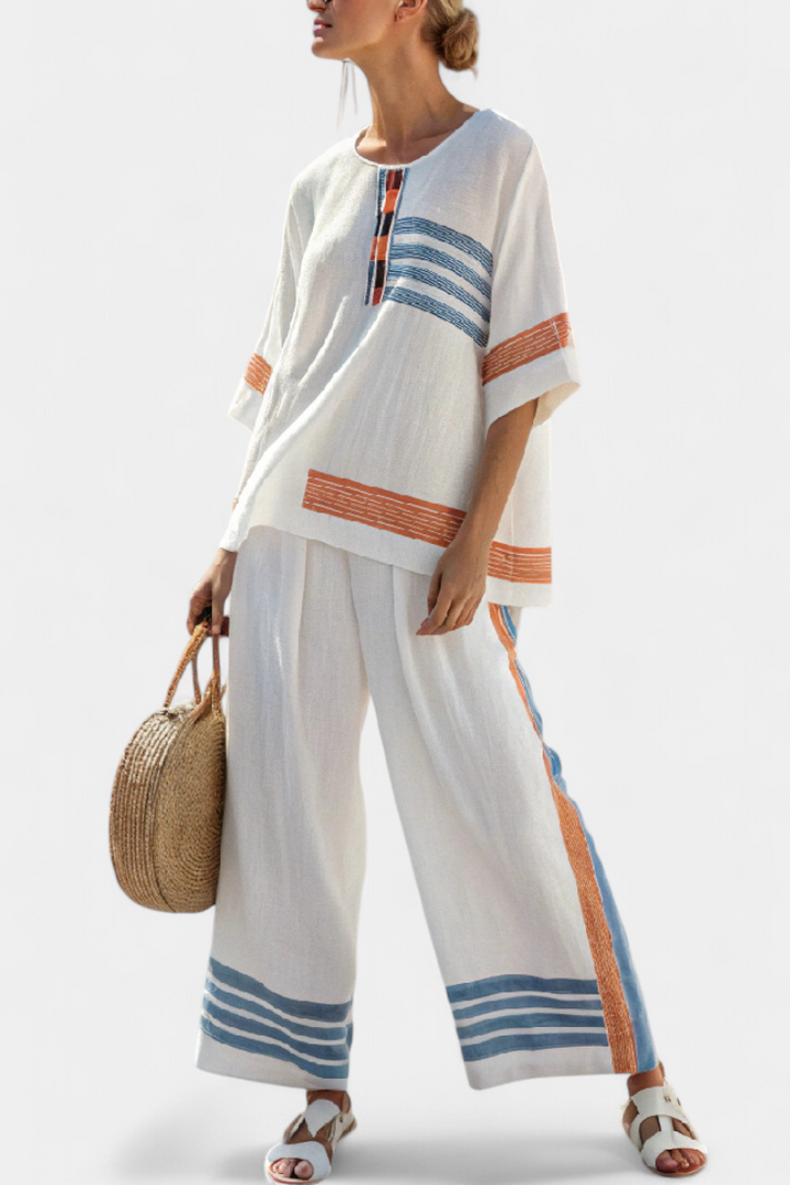 Marcellin | Ensemble Haut et Pantalon Rayé Bleu-Orange Sophistiqué