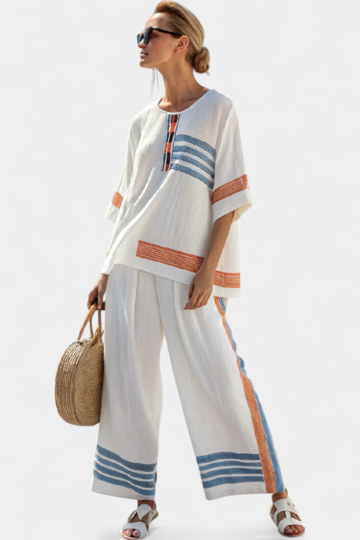 Marcellin | Ensemble Haut et Pantalon Rayé Bleu-Orange Sophistiqué