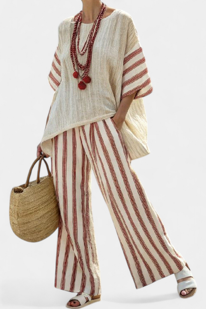 Braelith | Élégant Haut Rayé Rustique et Pantalon en Lin Crème