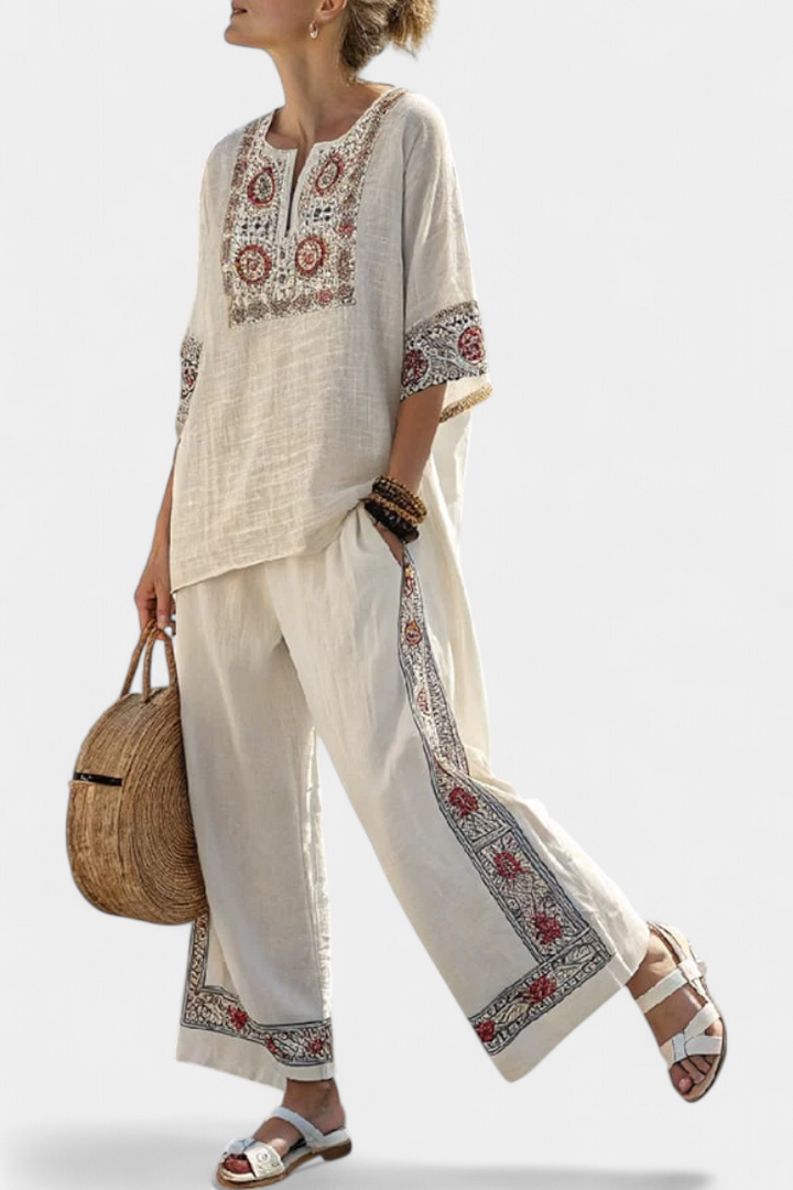 Tameric | Blouse brodée sophistiquée & Pantalons à jambes larges