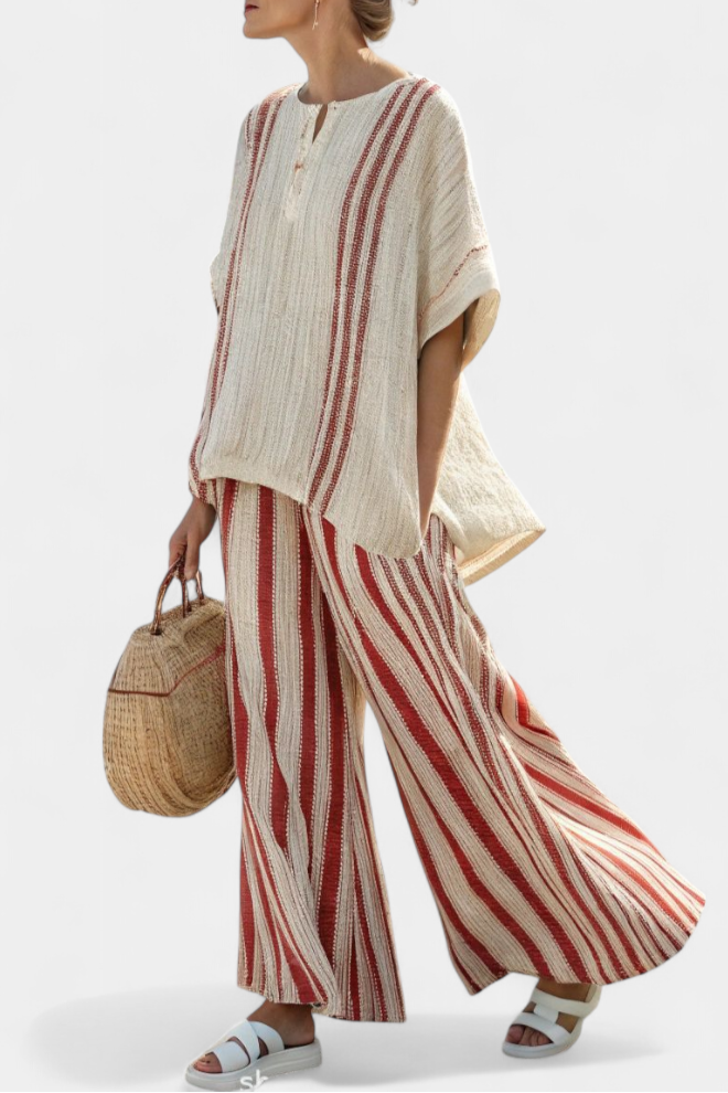 Mirella | Pantalon en lin et haut texturé rouge à rayures élégant