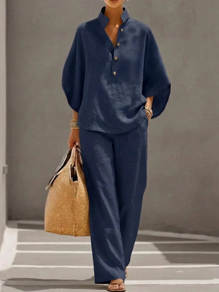 Maribel™ | Ensemble de lin avec mangas murciélago et pantalon ancho