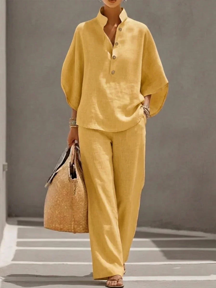 Maribel™ | Ensemble de lin avec mangas murciélago et pantalon ancho