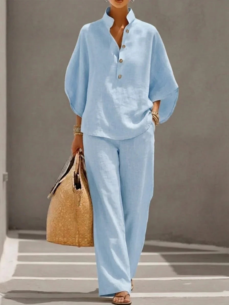 Maribel™ | Ensemble de lin avec mangas murciélago et pantalon ancho