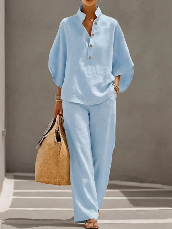 Maribel™ | Ensemble de lin avec mangas murciélago et pantalon ancho