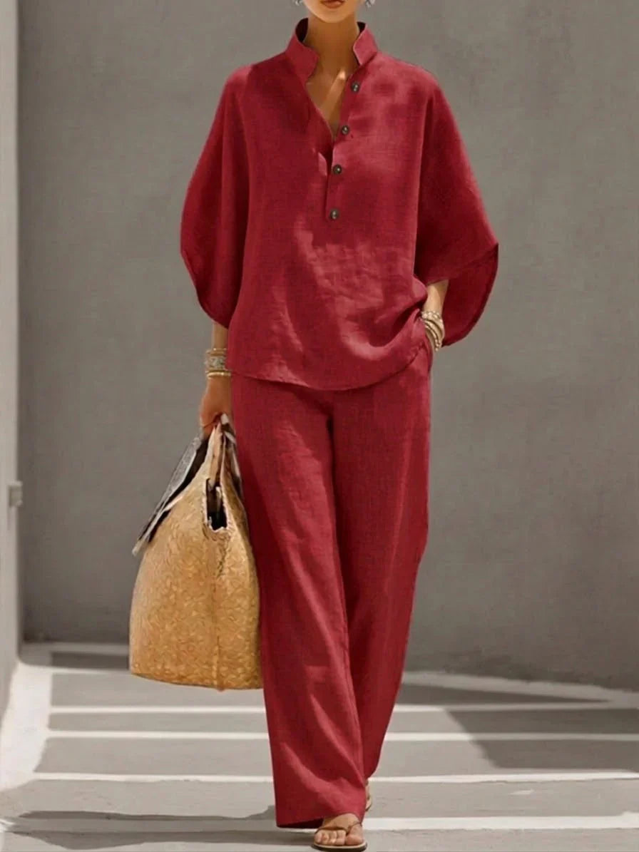 Maribel™ | Ensemble de lin avec mangas murciélago et pantalon ancho