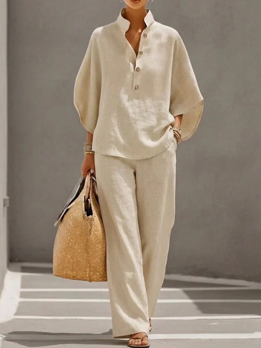 Maribel™ | Ensemble de lin avec mangas murciélago et pantalon ancho