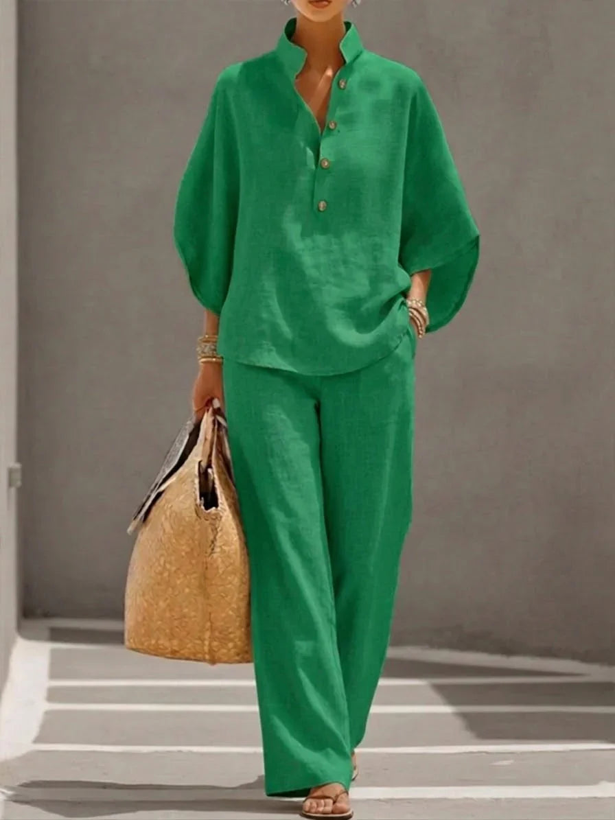 Maribel™ | Ensemble de lin avec mangas murciélago et pantalon ancho