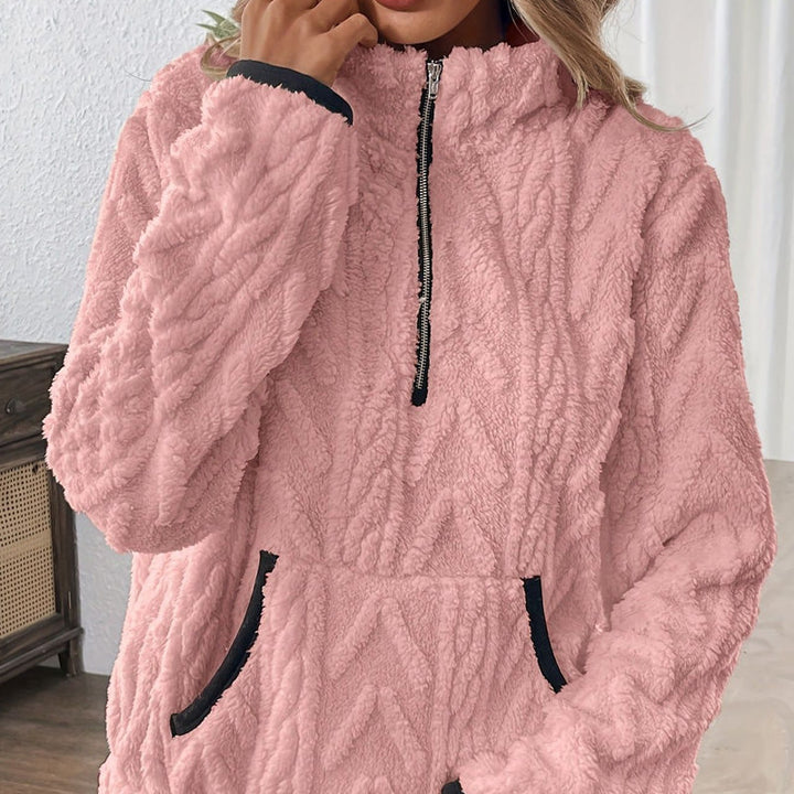 Harper | Sweat-shirt Fuzzy Rose à Demi-Zip avec Poches Pratiques
