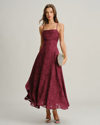 Robe longue en jacquard rouge vin