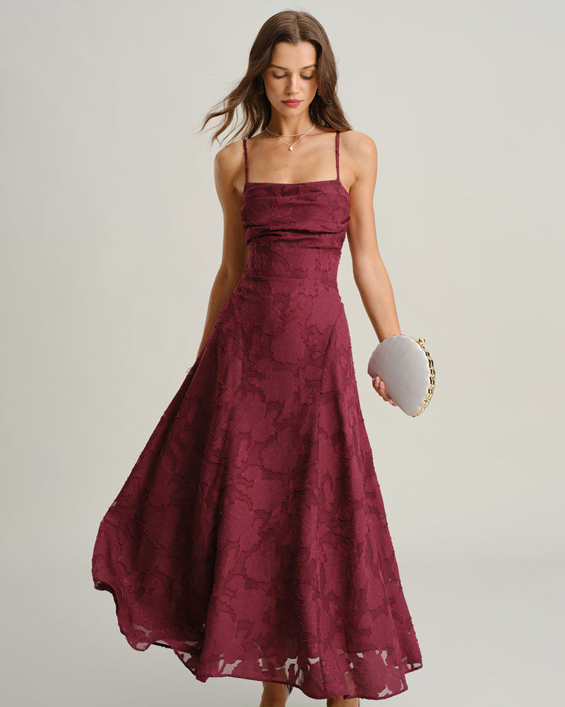 Robe longue en jacquard rouge vin